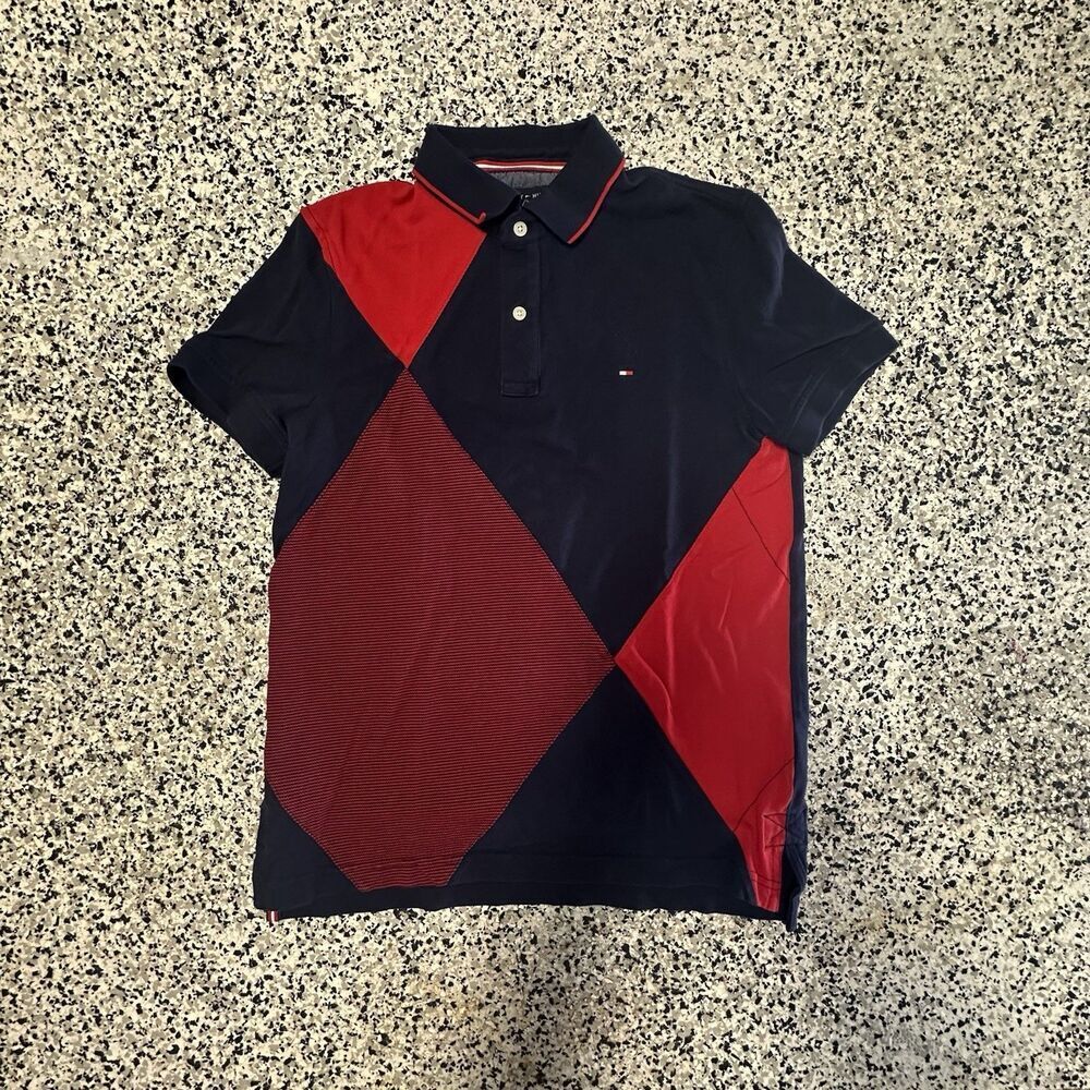 Tommy Hilfiger Polo Shirt Mens M Red Navy Blue Colorblock Golf Preppy Argyle